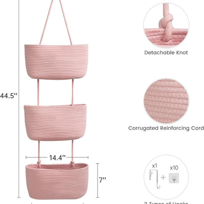 3-Tier Hand-Woven Hanging Pocket Basket - Decorative Wall Storage Bin for Living Room and Bathroom.