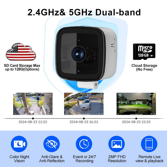Dual-Band Smart Security Camera - 2.4GHz & 5GHz Wi-Fi 2MP FHD Home Protection Camera