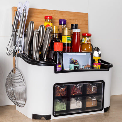 All-in-One Countertop Seasoning Storage Box - Knife Holder & Spice Rack with Phone Stand.