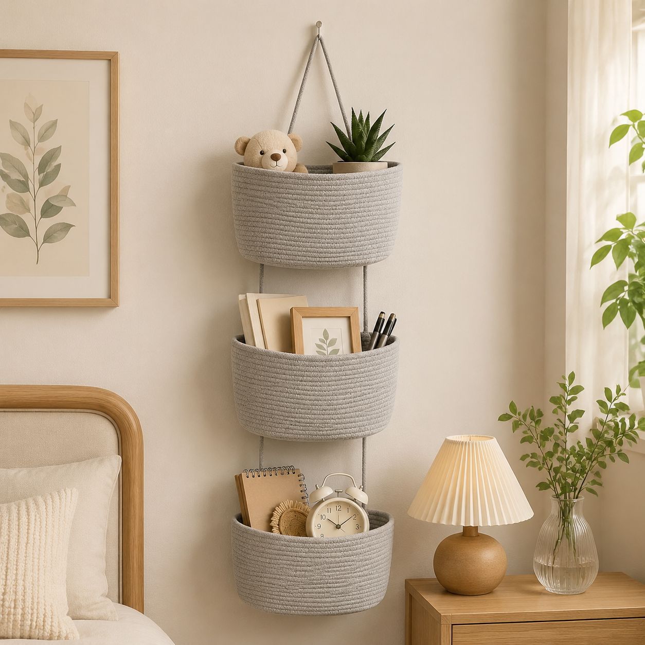 3-Tier Hand-Woven Hanging Pocket Basket - Decorative Wall Storage Bin for Living Room and Bathroom.