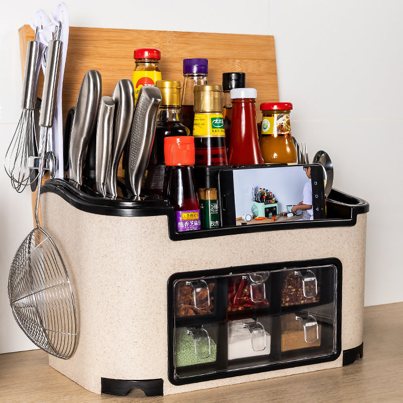 All-in-One Countertop Seasoning Storage Box - Knife Holder & Spice Rack with Phone Stand.