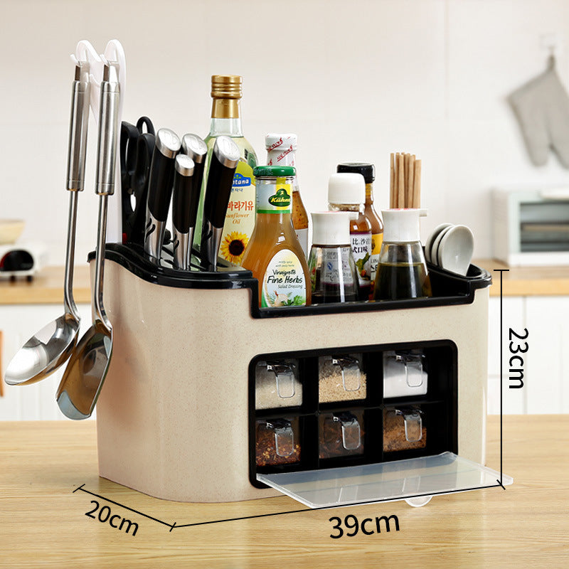 All-in-One Countertop Seasoning Storage Box - Knife Holder & Spice Rack with Phone Stand.