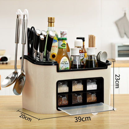 All-in-One Countertop Seasoning Storage Box - Knife Holder & Spice Rack with Phone Stand.