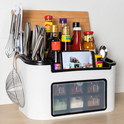 All-in-One Countertop Seasoning Storage Box - Knife Holder & Spice Rack with Phone Stand.
