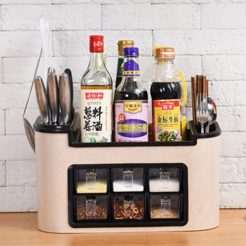 All-in-One Countertop Seasoning Storage Box - Knife Holder & Spice Rack with Phone Stand.