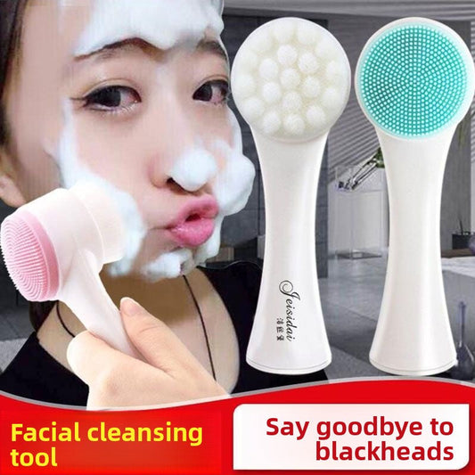 2-in-1 Handheld Facial Cleansing Tool - Gentle Soft Hair Massager and Silicone Blackhead Brush