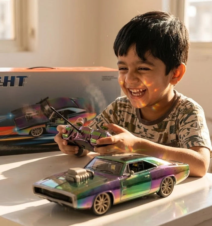 Vintage Chrome Multicolor Dodge Charger 1970 Model Remote Control Car with Lights – 1:12 Scale