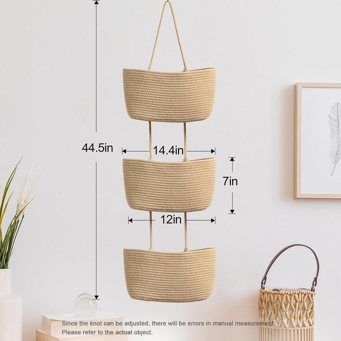 3-Tier Hand-Woven Hanging Pocket Basket - Decorative Wall Storage Bin for Living Room and Bathroom.
