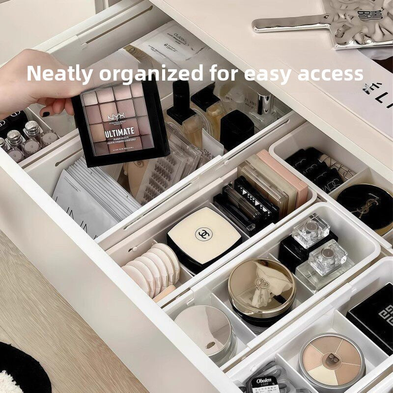 Drawer Organizer Box with Adjustable Dividers - Clear Makeup & Vanity Grid Storage Bin.