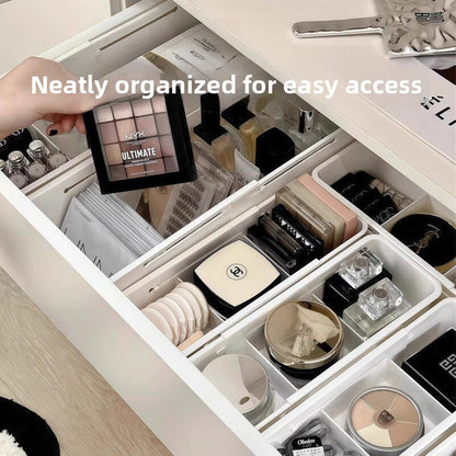Drawer Organizer Box with Adjustable Dividers - Clear Makeup & Vanity Grid Storage Bin.