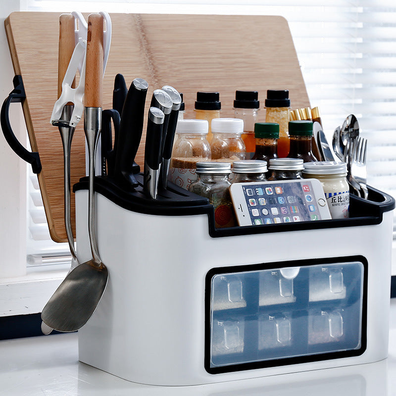 All-in-One Countertop Seasoning Storage Box - Knife Holder & Spice Rack with Phone Stand.