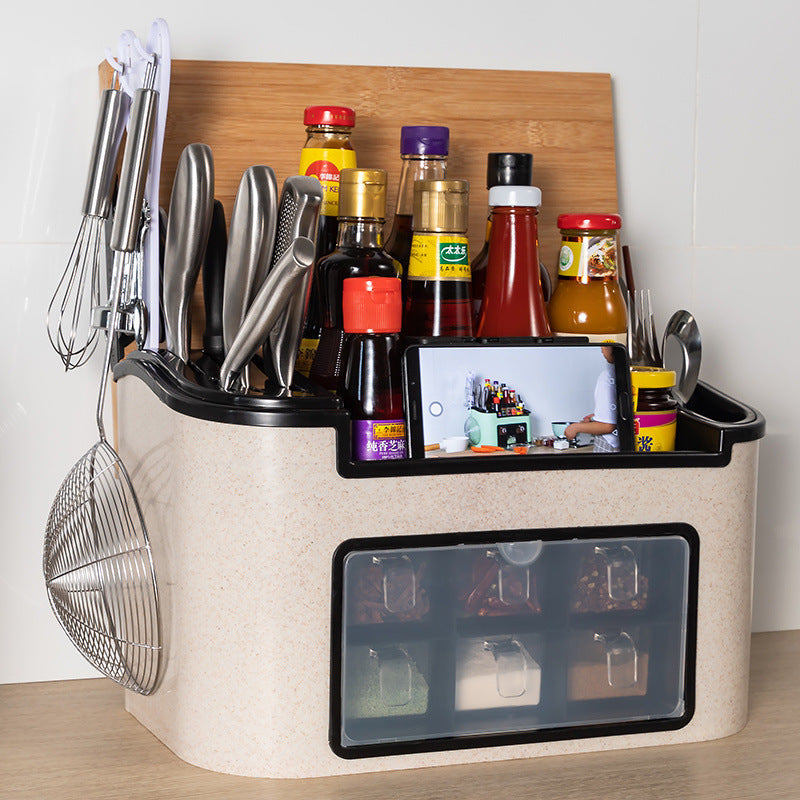 All-in-One Countertop Seasoning Storage Box - Knife Holder & Spice Rack with Phone Stand.