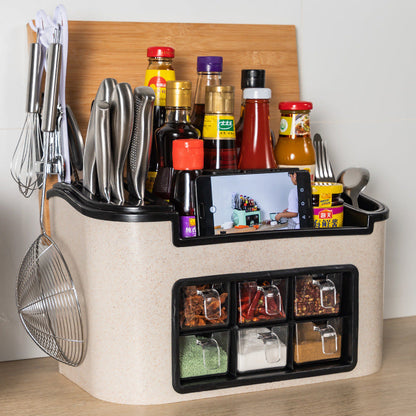 All-in-One Countertop Seasoning Storage Box - Knife Holder & Spice Rack with Phone Stand.
