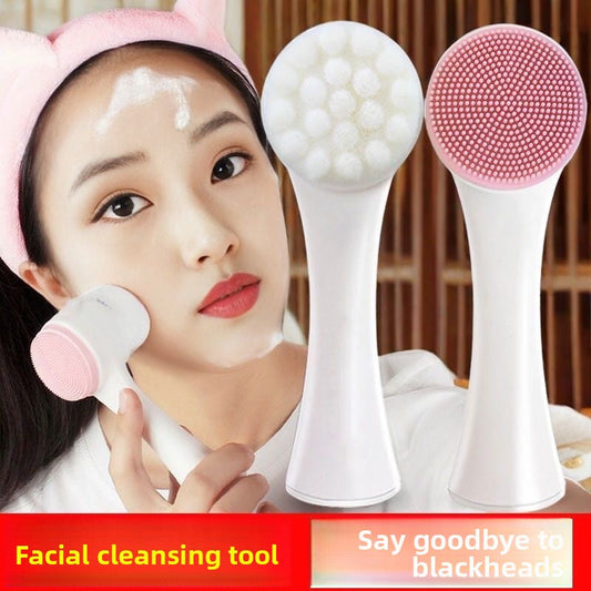 2-in-1 Handheld Facial Cleansing Tool - Gentle Soft Hair Massager and Silicone Blackhead Brush