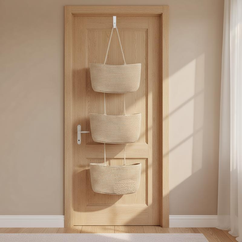 3-Tier Hand-Woven Hanging Pocket Basket - Decorative Wall Storage Bin for Living Room and Bathroom.
