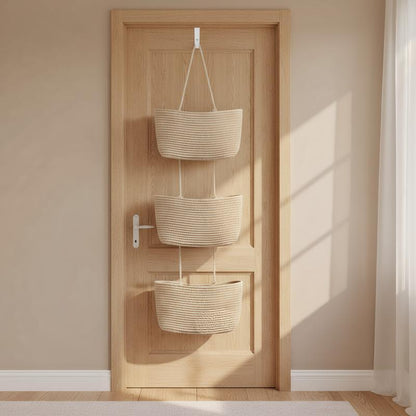 3-Tier Hand-Woven Hanging Pocket Basket - Decorative Wall Storage Bin for Living Room and Bathroom.