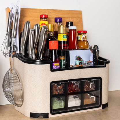 All-in-One Countertop Seasoning Storage Box - Knife Holder & Spice Rack with Phone Stand.