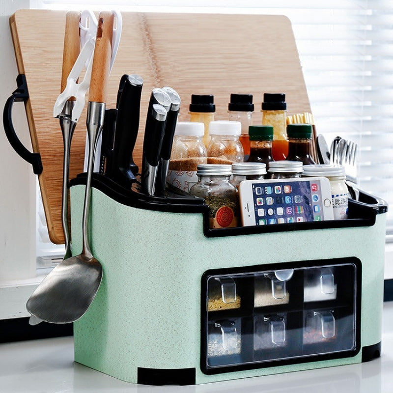 All-in-One Countertop Seasoning Storage Box - Knife Holder & Spice Rack with Phone Stand.