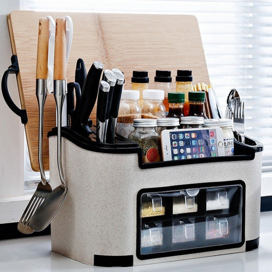All-in-One Countertop Seasoning Storage Box - Knife Holder & Spice Rack with Phone Stand.
