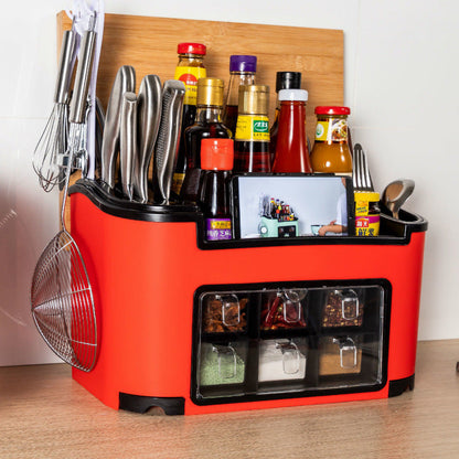 All-in-One Countertop Seasoning Storage Box - Knife Holder & Spice Rack with Phone Stand.