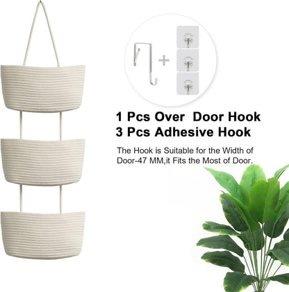 3-Tier Hand-Woven Hanging Pocket Basket - Decorative Wall Storage Bin for Living Room and Bathroom.