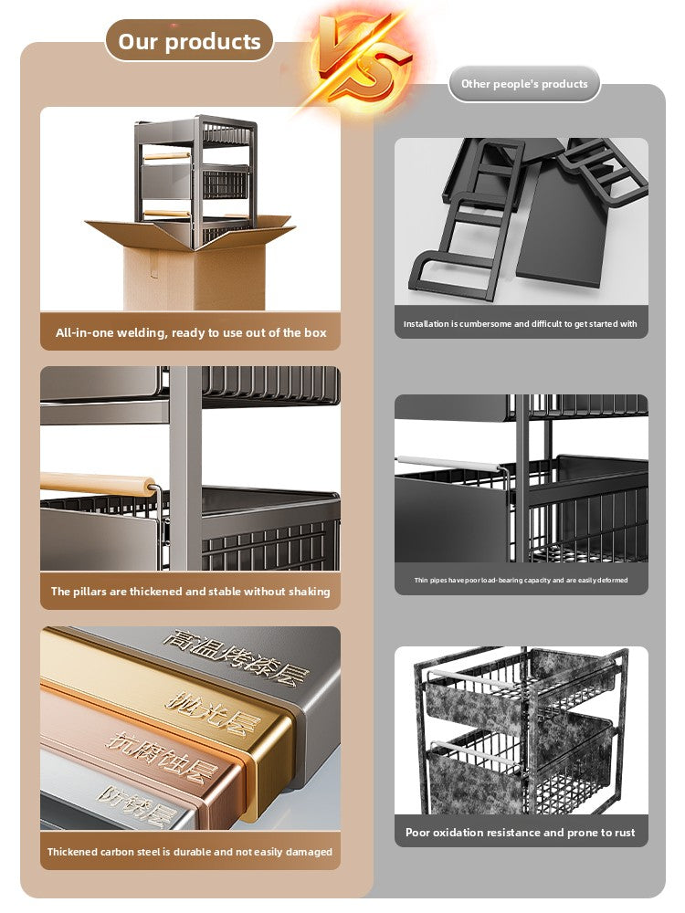 Pull-Out Cabinet Shelf Organizer - Under-Sink Sliding Storage Drawer Rack