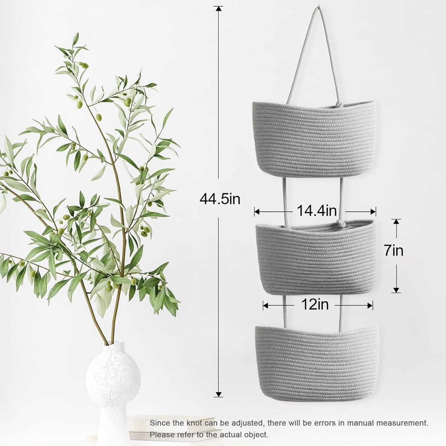 3-Tier Hand-Woven Hanging Pocket Basket - Decorative Wall Storage Bin for Living Room and Bathroom.