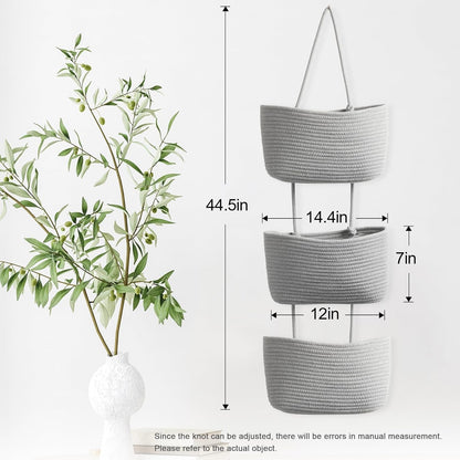 3-Tier Hand-Woven Hanging Pocket Basket - Decorative Wall Storage Bin for Living Room and Bathroom.