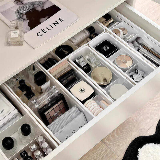 Drawer Organizer Box with Adjustable Dividers - Clear Makeup & Vanity Grid Storage Bin.