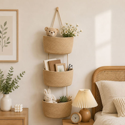 3-Tier Hand-Woven Hanging Pocket Basket - Decorative Wall Storage Bin for Living Room and Bathroom.