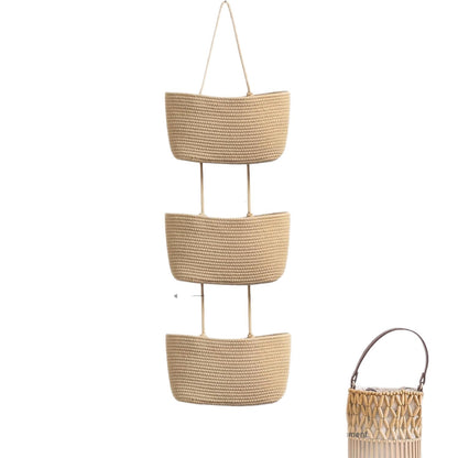 3-Tier Hand-Woven Hanging Pocket Basket - Decorative Wall Storage Bin for Living Room and Bathroom.
