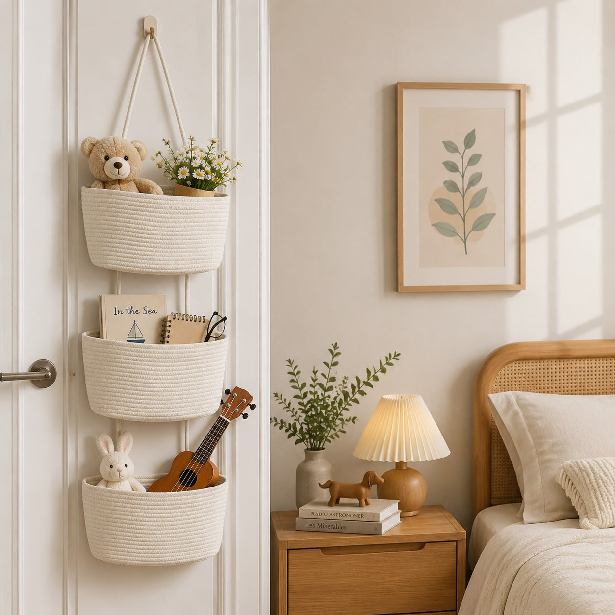 3-Tier Hand-Woven Hanging Pocket Basket - Decorative Wall Storage Bin for Living Room and Bathroom.