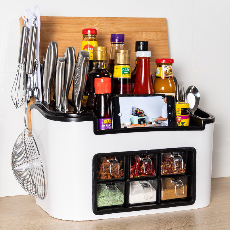 All-in-One Countertop Seasoning Storage Box - Knife Holder & Spice Rack with Phone Stand.